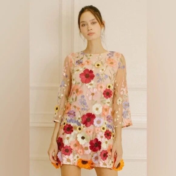 STORIA 3-D Flower Appliqué Sheer Sleeve Mini Dress Pink Multicolor |Garden Party - Picture 1 of 16